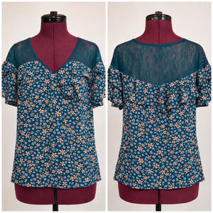 Women's Candie's Teal Floral V-Neck Blouse with Lace Top | Size Small